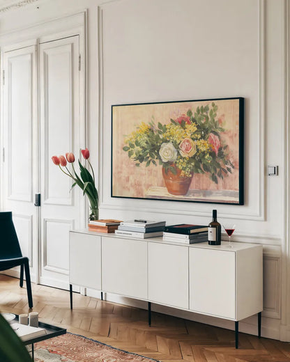 Country Roses by Carol Rowan. shown as a framed stretched canvas in a living room above a console. Available as a archival giclee rolled canvas, fine art paper, or poster print. SKU 41555i.