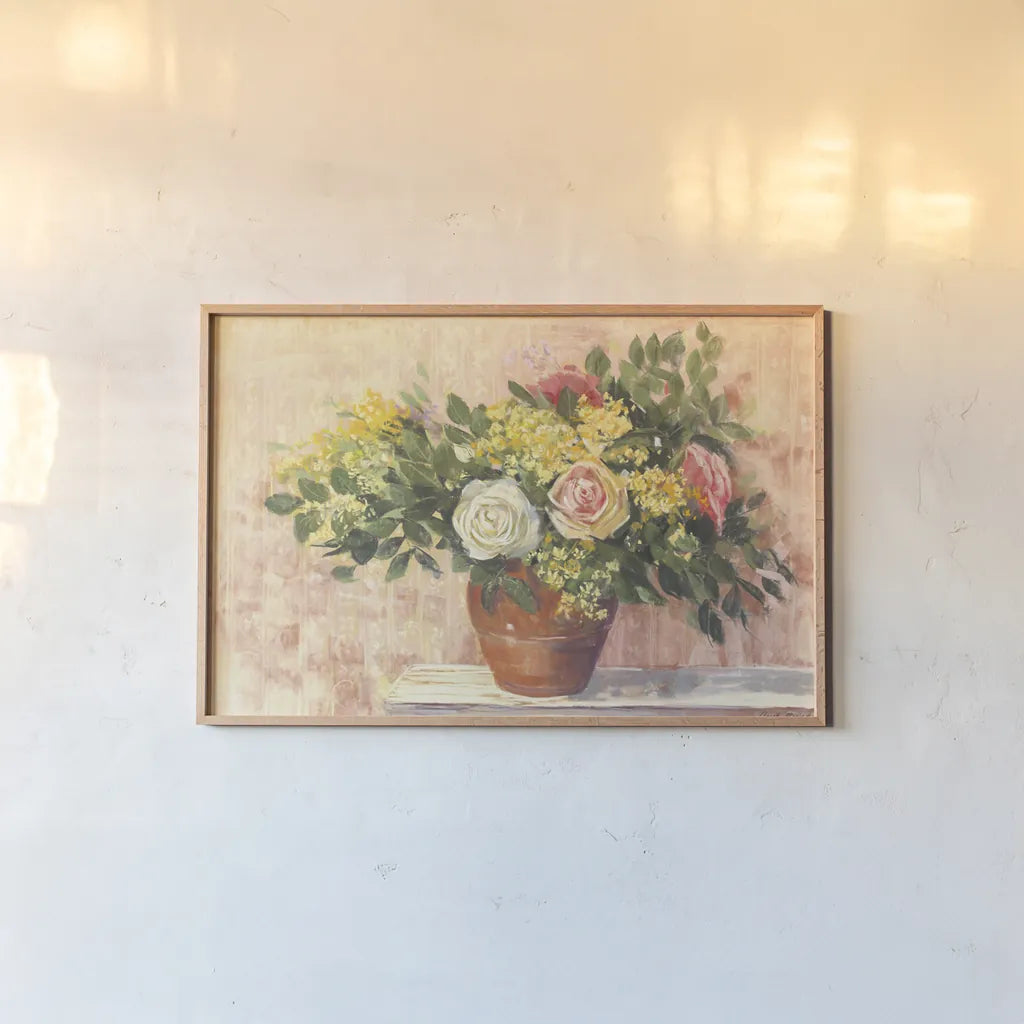 Country Roses by Carol Rowan. shown as a paper print in a natural frame. Available as a archival giclee rolled canvas, fine art paper, or poster print. SKU 41555i.