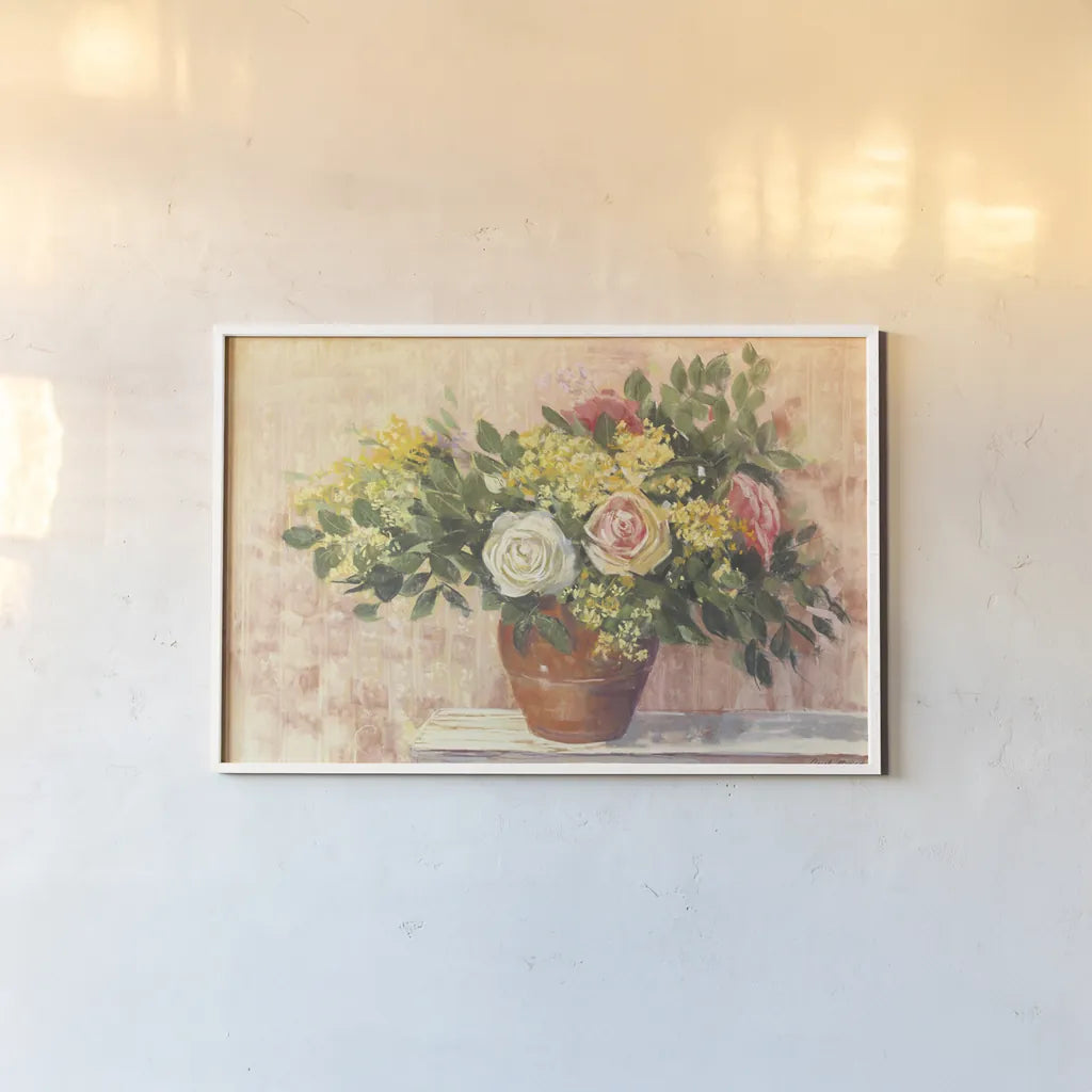 Country Roses by Carol Rowan. shown as a paper print in a white frame. Available as a archival giclee rolled canvas, fine art paper, or poster print. SKU 41555i.