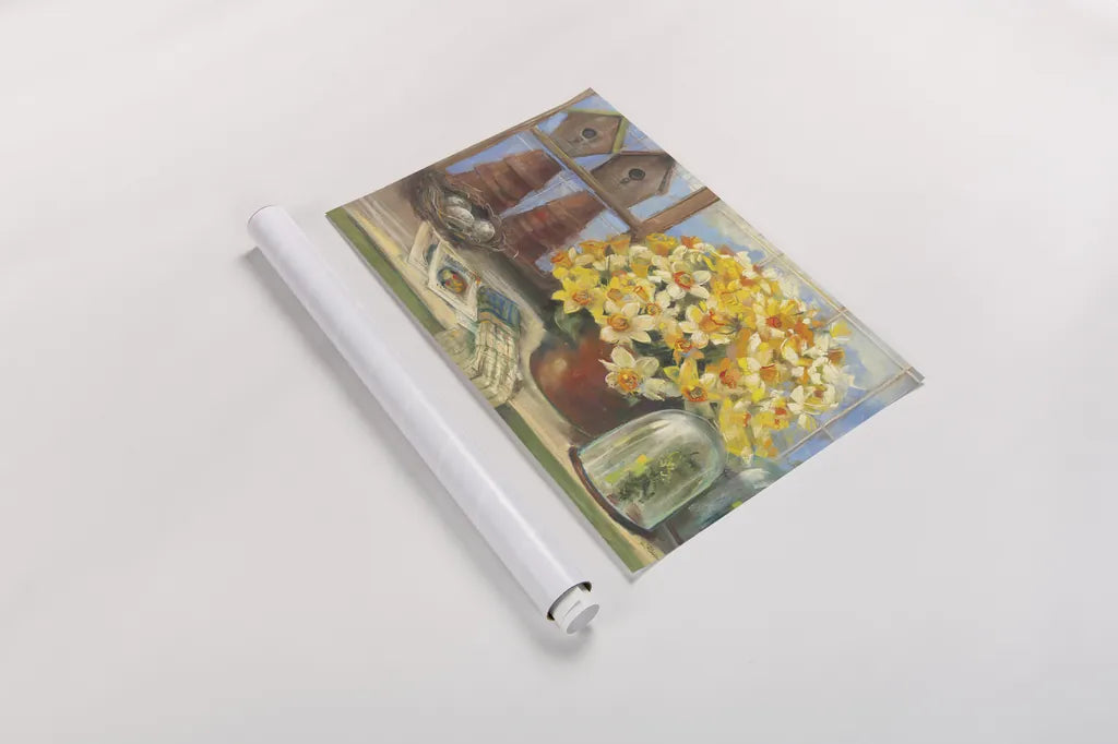 Daffodils in the Greenhouse by Carol Rowan. shown as a rolled paper print. Available as archival giclee rolled canvas, fine art paper, or poster print. SKU 41943i.
