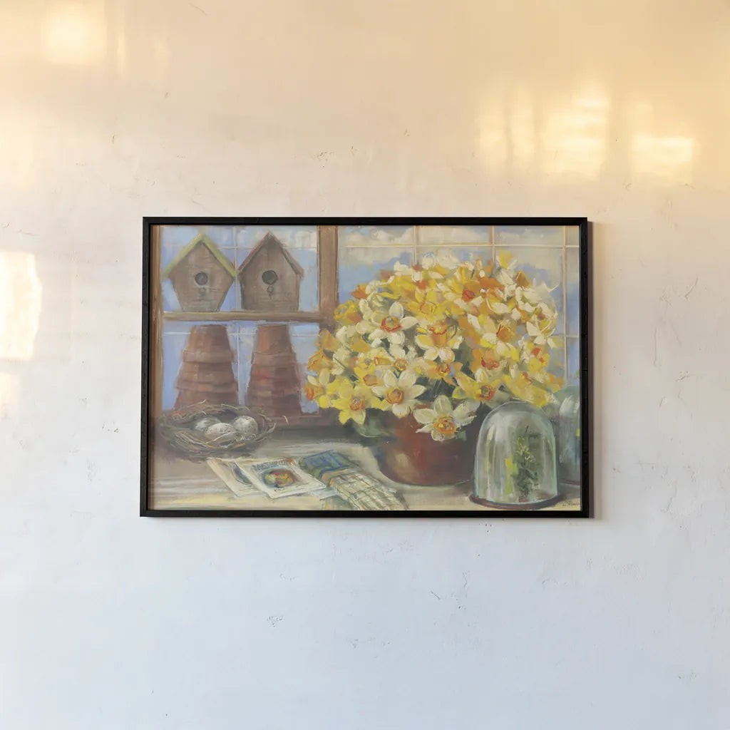 Daffodils in the Greenhouse by Carol Rowan. shown as a paper print in a black flame. Available as a archival giclee rolled canvas, fine art paper, or poster print. SKU 41943i.