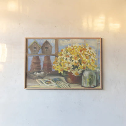 Daffodils in the Greenhouse by Carol Rowan. shown as a paper print in a natural frame. Available as a archival giclee rolled canvas, fine art paper, or poster print. SKU 41943i.