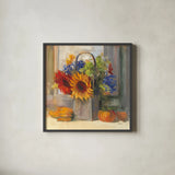 Fall Bouquet by Carol Rowan. Shown in a sleek black glass frame for a contemporary gallery look. Available as an archival giclee rolled canvas, fine art paper, or poster print. SKU 41808a.