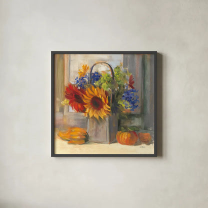 Fall Bouquet by Carol Rowan. Shown in a sleek black glass frame for a contemporary gallery look. Available as an archival giclee rolled canvas, fine art paper, or poster print. SKU 41808a.