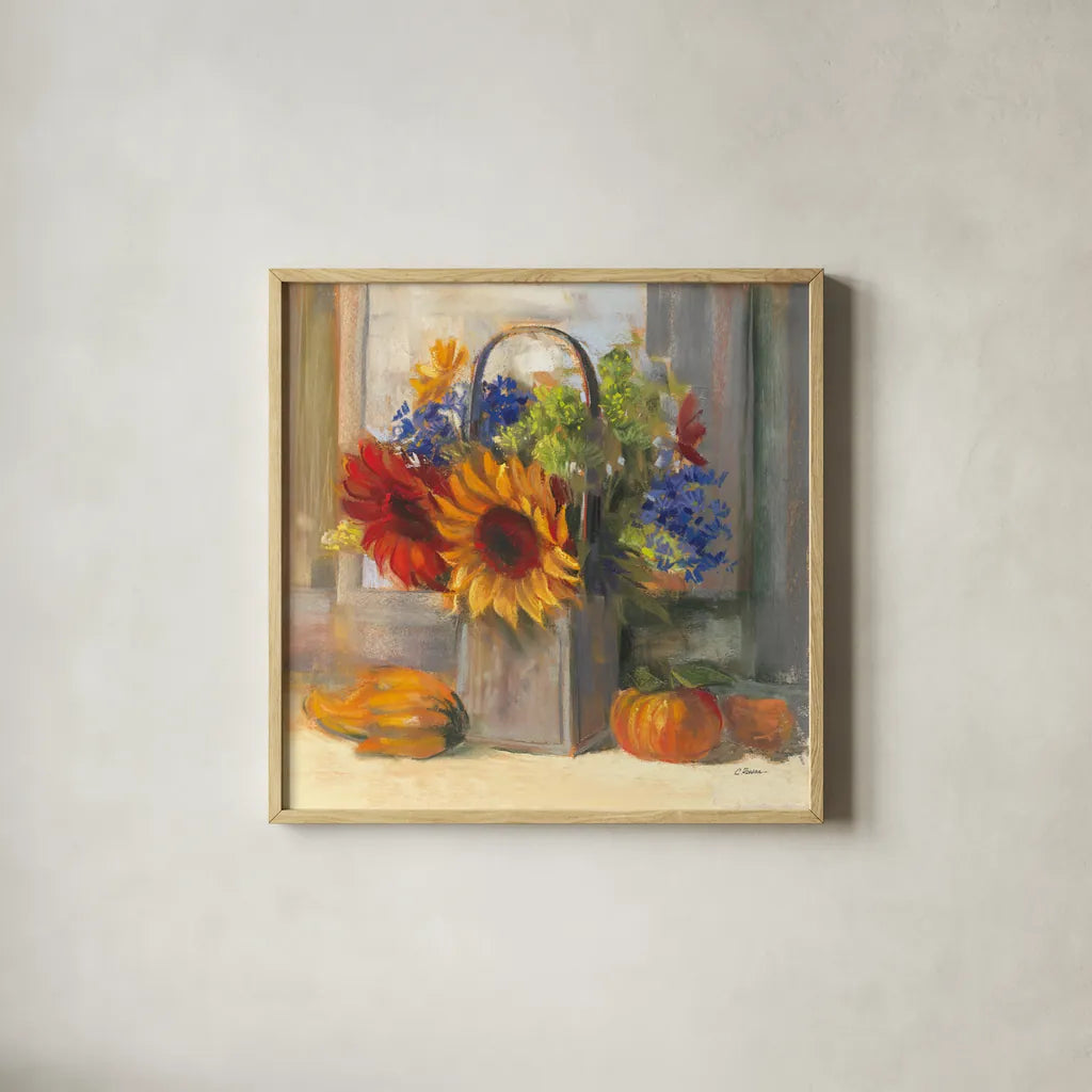Fall Bouquet by Carol Rowan. Shown in a natural wood glass frame for a timeless modern aesthetic. Available as an archival giclee rolled canvas, fine art paper, or poster print. SKU 41808a.