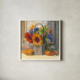 Fall Bouquet by Carol Rowan. Shown in a crisp white glass frame for a clean and minimalist style. Available as an archival giclee rolled canvas, fine art paper, or poster print. SKU 41808a.