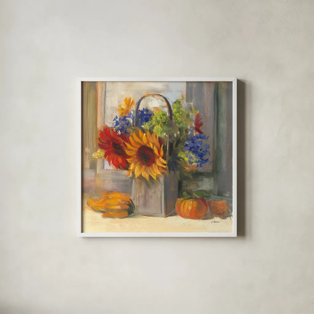 Fall Bouquet by Carol Rowan. Shown in a crisp white glass frame for a clean and minimalist style. Available as an archival giclee rolled canvas, fine art paper, or poster print. SKU 41808a.