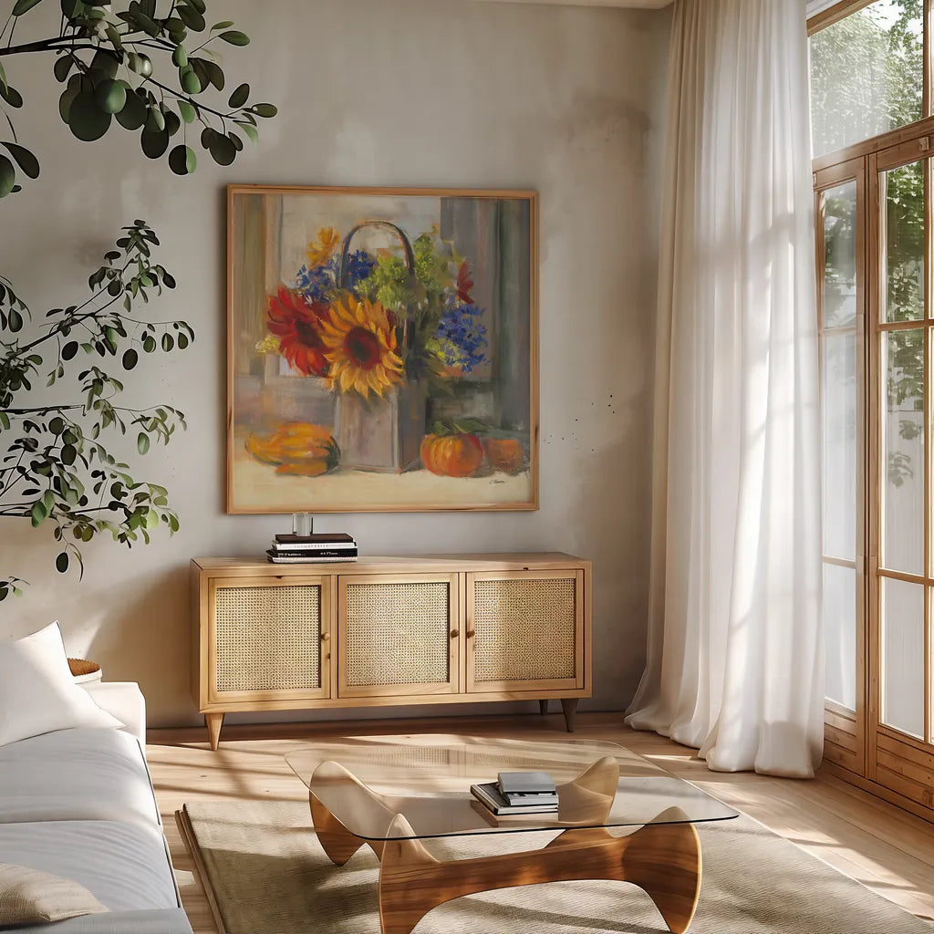 Fall Bouquet by Carol Rowan. Shown in a natural wood frame in a cozy modern living room. Available as an archival giclee rolled canvas, fine art paper, or poster print. SKU 41808a.