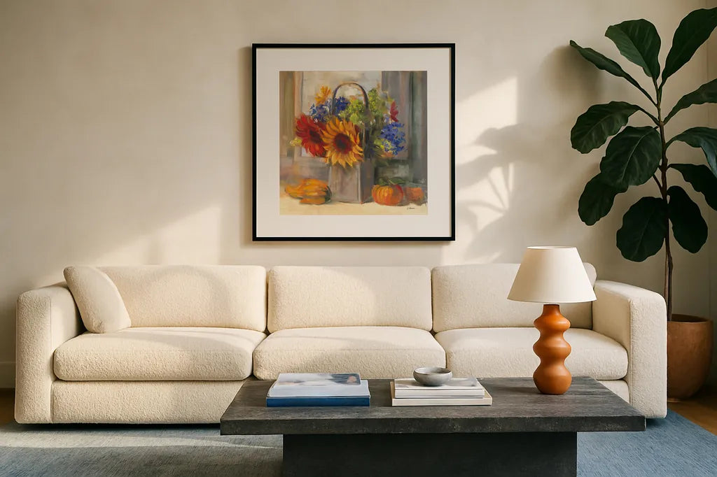 Fall Bouquet by Carol Rowan. Displayed in a glass frame with matte in a clean modern living room. Available as an archival giclee rolled canvas, fine art paper, or poster print. SKU 41808a.