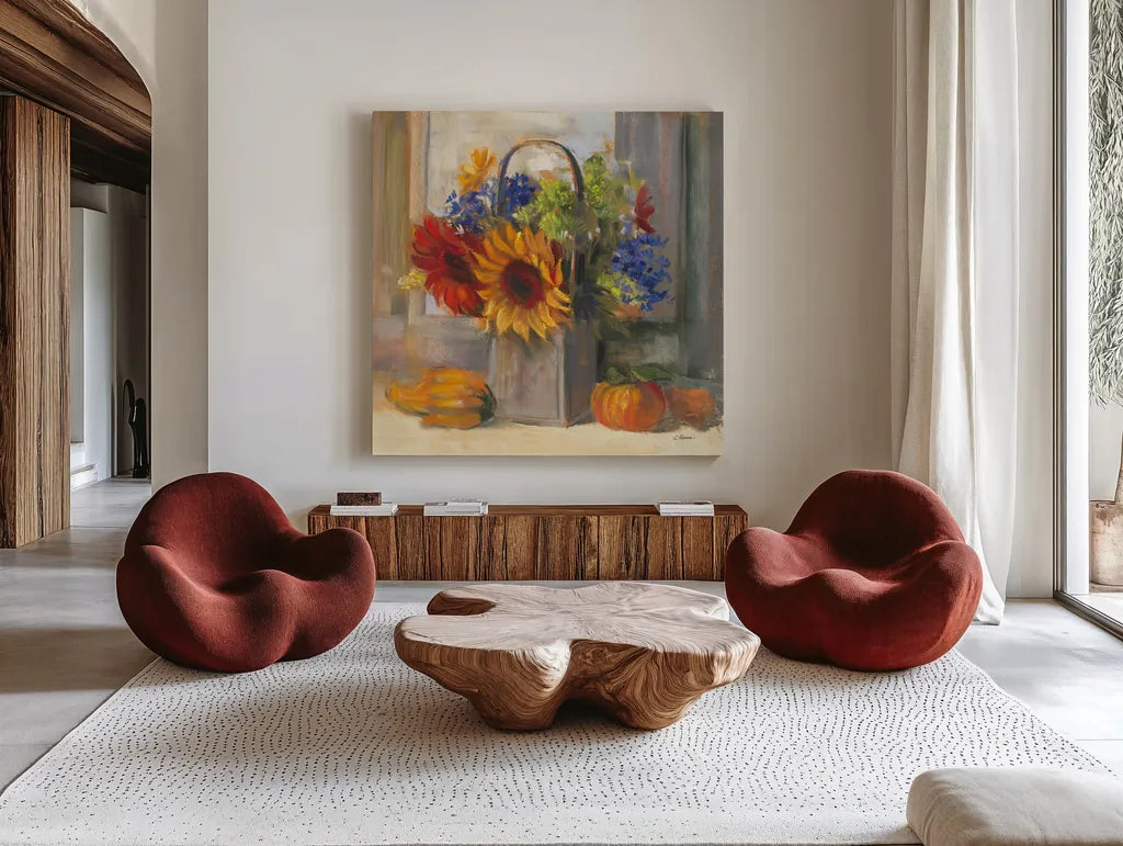 Fall Bouquet by Carol Rowan. Shown as extra-large giant wall art in a modern living room. Available as an archival giclee rolled canvas, fine art paper, or poster print. SKU 41808a.