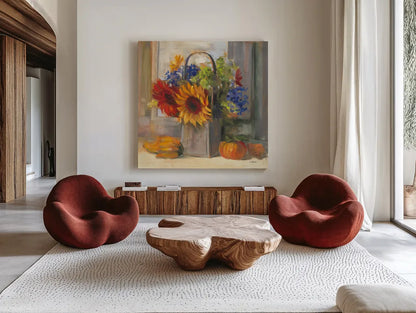 Fall Bouquet by Carol Rowan. Shown as extra-large giant wall art in a modern living room. Available as an archival giclee rolled canvas, fine art paper, or poster print. SKU 41808a.