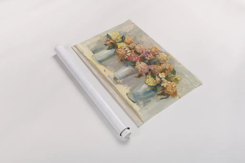 Fall Hydrangea Bouquets by Carol Rowan. shown as a rolled paper print. Available as archival giclee rolled canvas, fine art paper, or poster print. SKU 40793i.