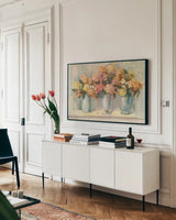 Fall Hydrangea Bouquets by Carol Rowan. shown as a framed stretched canvas in a living room above a console. Available as a archival giclee rolled canvas, fine art paper, or poster print. SKU 40793i.