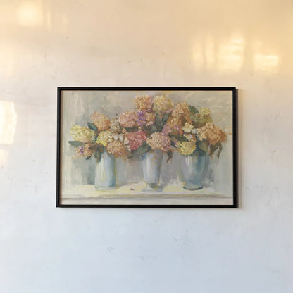 Fall Hydrangea Bouquets by Carol Rowan. shown as a paper print in a black flame. Available as a archival giclee rolled canvas, fine art paper, or poster print. SKU 40793i.