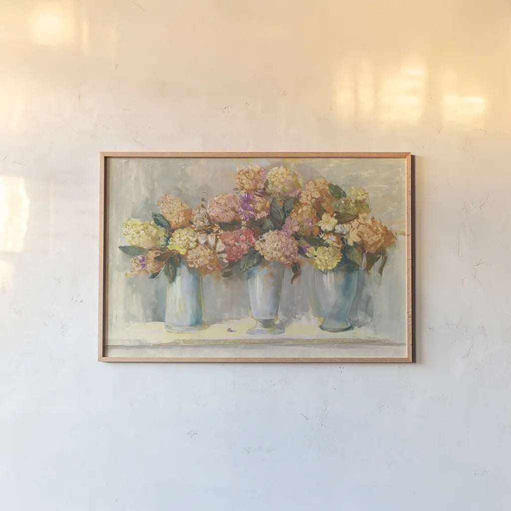 Fall Hydrangea Bouquets by Carol Rowan. shown as a paper print in a natural frame. Available as a archival giclee rolled canvas, fine art paper, or poster print. SKU 40793i.