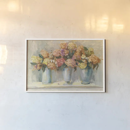 Fall Hydrangea Bouquets by Carol Rowan. shown as a paper print in a white frame. Available as a archival giclee rolled canvas, fine art paper, or poster print. SKU 40793i.