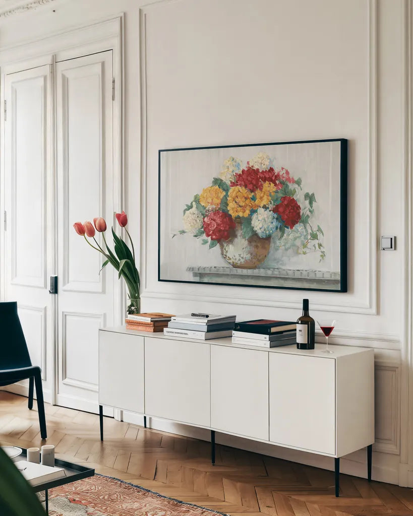 Fall Hydrangea Cottage Crop by Carol Rowan. shown as a framed stretched canvas in a living room above a console. Available as a archival giclee rolled canvas, fine art paper, or poster print. SKU 51084i.