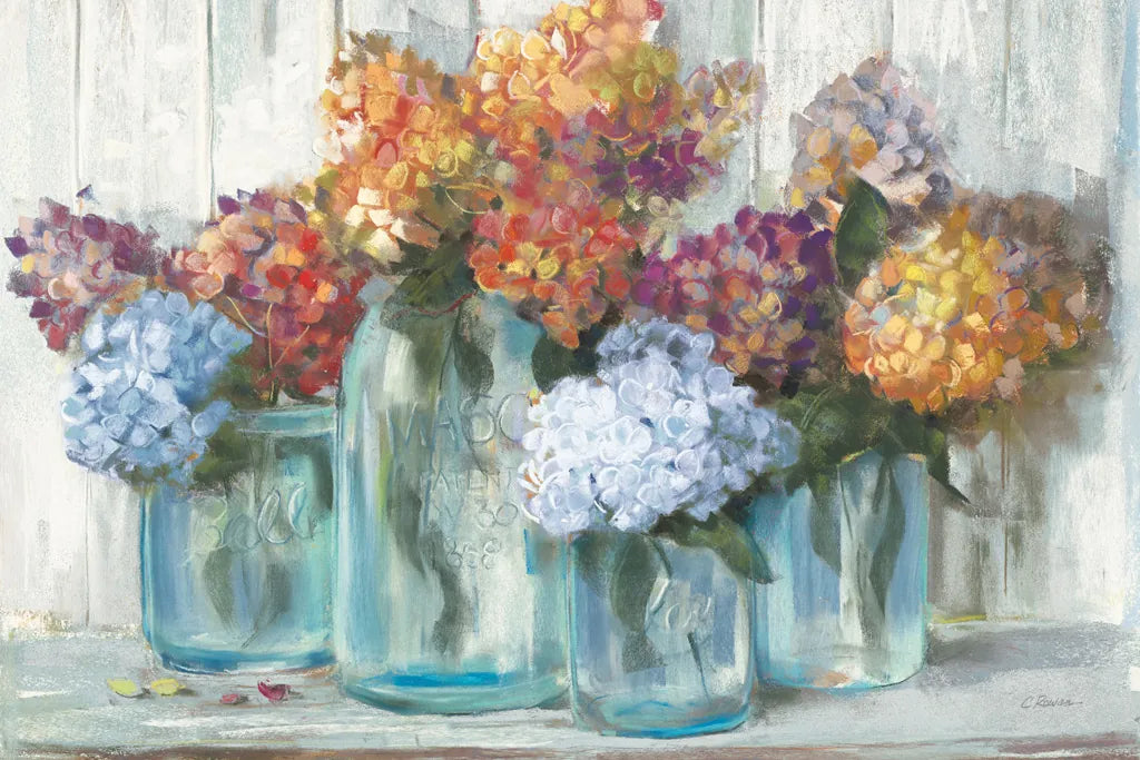 Fall Hydrangeas in Glass Jar Crop by Carol Rowan. SKU 47827i. Archival Giclee Fine art print for wall decor.