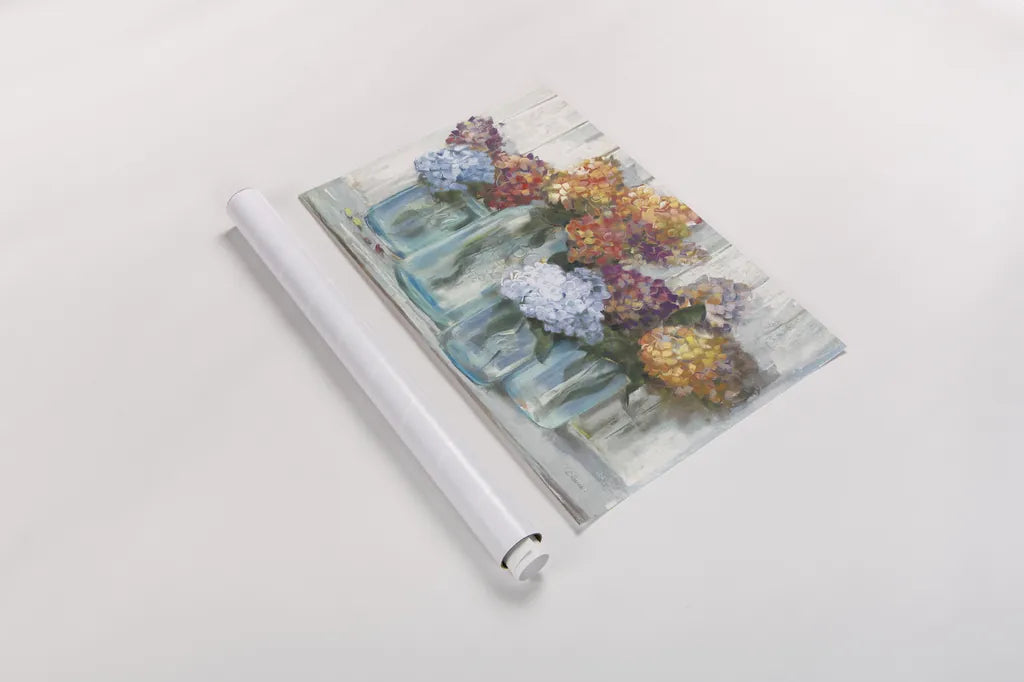 Fall Hydrangeas in Glass Jar Crop by Carol Rowan. shown as a rolled paper print. Available as archival giclee rolled canvas, fine art paper, or poster print. SKU 47827i.
