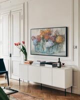 Fall Hydrangeas in Glass Jar Crop by Carol Rowan. shown as a framed stretched canvas in a living room above a console. Available as a archival giclee rolled canvas, fine art paper, or poster print. SKU 47827i.