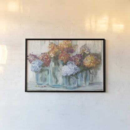 Fall Hydrangeas in Glass Jar Crop by Carol Rowan. shown as a paper print in a black flame. Available as a archival giclee rolled canvas, fine art paper, or poster print. SKU 47827i.