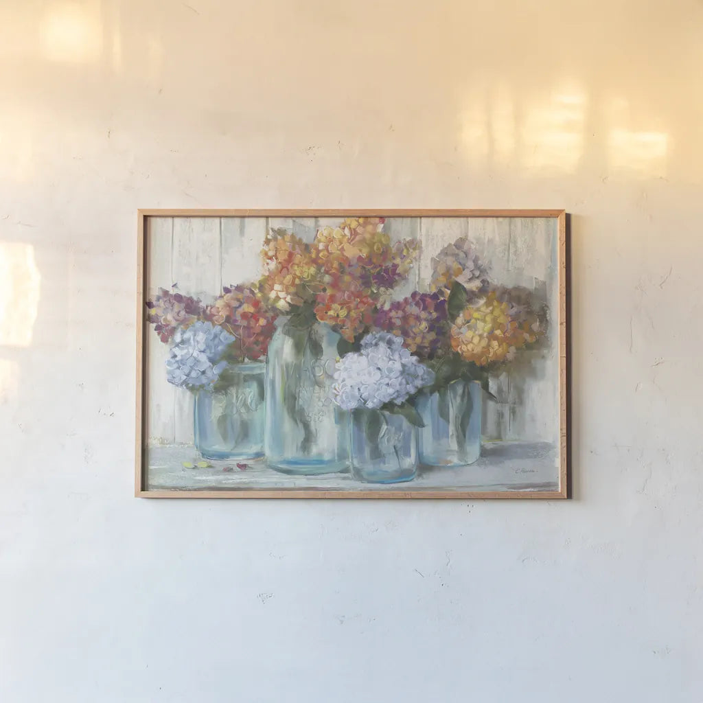 Fall Hydrangeas in Glass Jar Crop by Carol Rowan. shown as a paper print in a natural frame. Available as a archival giclee rolled canvas, fine art paper, or poster print. SKU 47827i.
