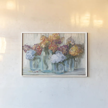 Fall Hydrangeas in Glass Jar Crop by Carol Rowan. shown as a paper print in a white frame. Available as a archival giclee rolled canvas, fine art paper, or poster print. SKU 47827i.