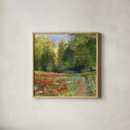Field of Flowers Crop by Carol Rowan. Shown in a natural wood glass frame for a timeless modern aesthetic. Available as an archival giclee rolled canvas, fine art paper, or poster print. SKU 5820a.