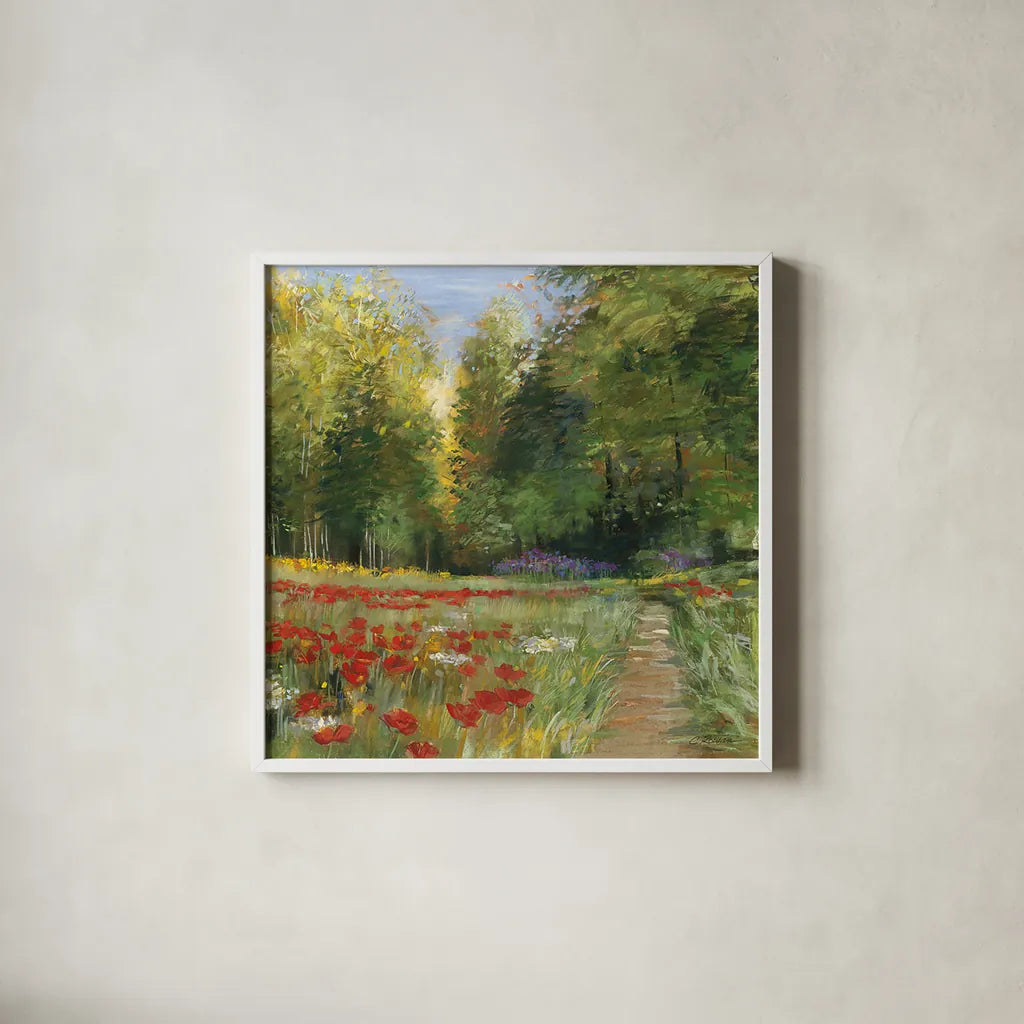 Field of Flowers Crop by Carol Rowan. Shown in a crisp white glass frame for a clean and minimalist style. Available as an archival giclee rolled canvas, fine art paper, or poster print. SKU 5820a.
