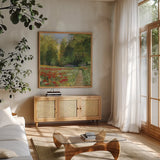 Field of Flowers Crop by Carol Rowan. Shown in a natural wood frame in a cozy modern living room. Available as an archival giclee rolled canvas, fine art paper, or poster print. SKU 5820a.