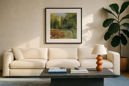 Field of Flowers Crop by Carol Rowan. Displayed in a glass frame with matte in a clean modern living room. Available as an archival giclee rolled canvas, fine art paper, or poster print. SKU 5820a.