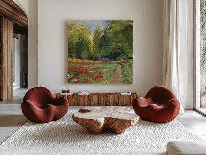 Field of Flowers Crop by Carol Rowan. Shown as extra-large giant wall art in a modern living room. Available as an archival giclee rolled canvas, fine art paper, or poster print. SKU 5820a.