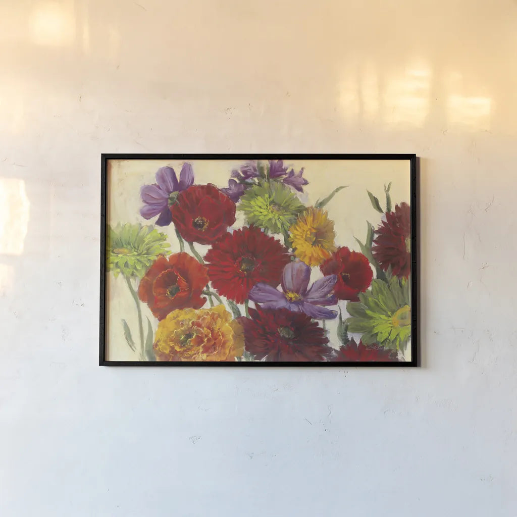 Flower Scatter by Carol Rowan. shown as a paper print in a black flame. Available as a archival giclee rolled canvas, fine art paper, or poster print. SKU 42290i.