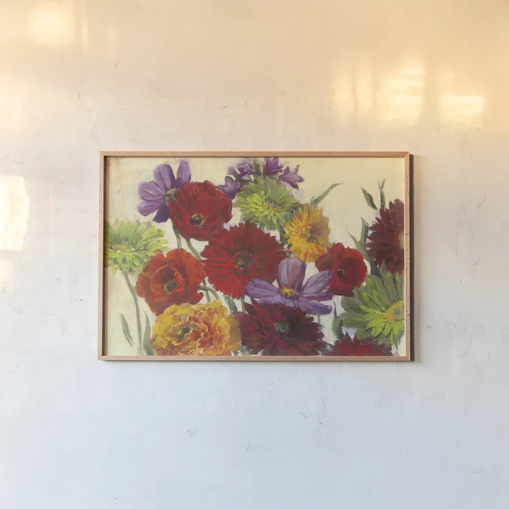 Flower Scatter by Carol Rowan. shown as a paper print in a natural frame. Available as a archival giclee rolled canvas, fine art paper, or poster print. SKU 42290i.