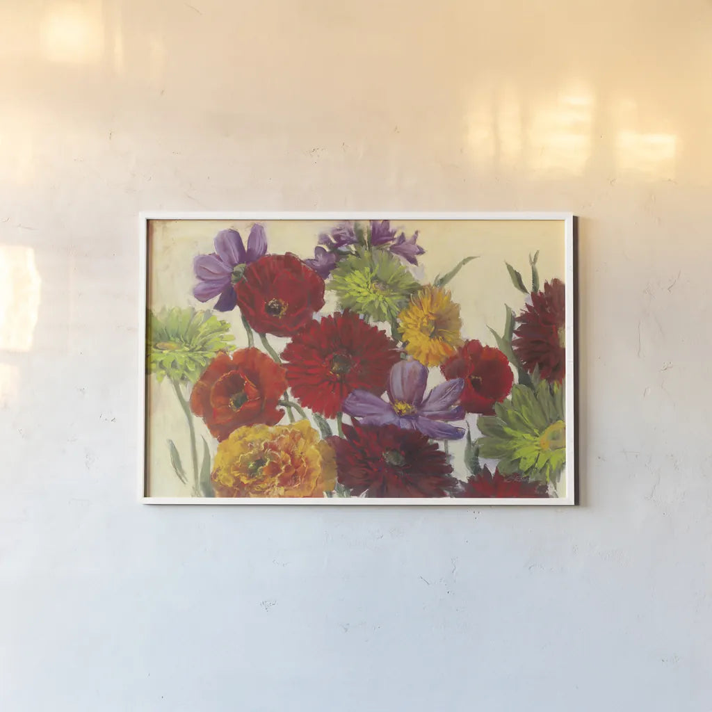 Flower Scatter by Carol Rowan. shown as a paper print in a white frame. Available as a archival giclee rolled canvas, fine art paper, or poster print. SKU 42290i.
