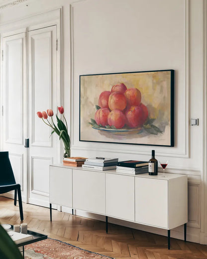 Fruit Bowl by Carol Rowan. shown as a framed stretched canvas in a living room above a console. Available as a archival giclee rolled canvas, fine art paper, or poster print. SKU 42340i.
