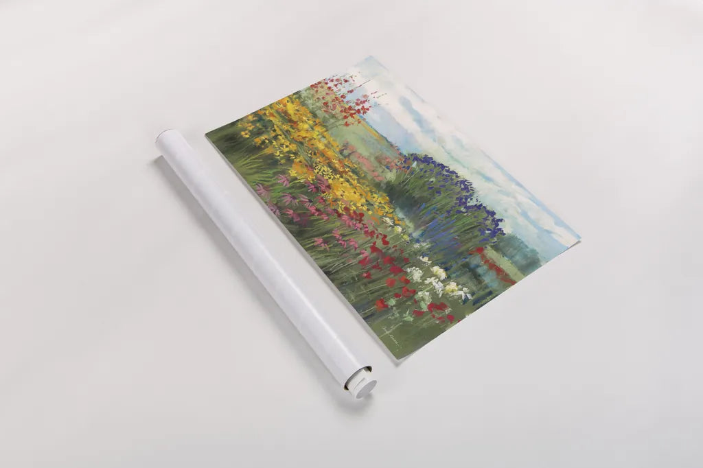 Garden Border by Carol Rowan. shown as a rolled paper print. Available as archival giclee rolled canvas, fine art paper, or poster print. SKU 42298i.