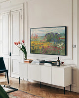 Garden Border by Carol Rowan. shown as a framed stretched canvas in a living room above a console. Available as a archival giclee rolled canvas, fine art paper, or poster print. SKU 42298i.