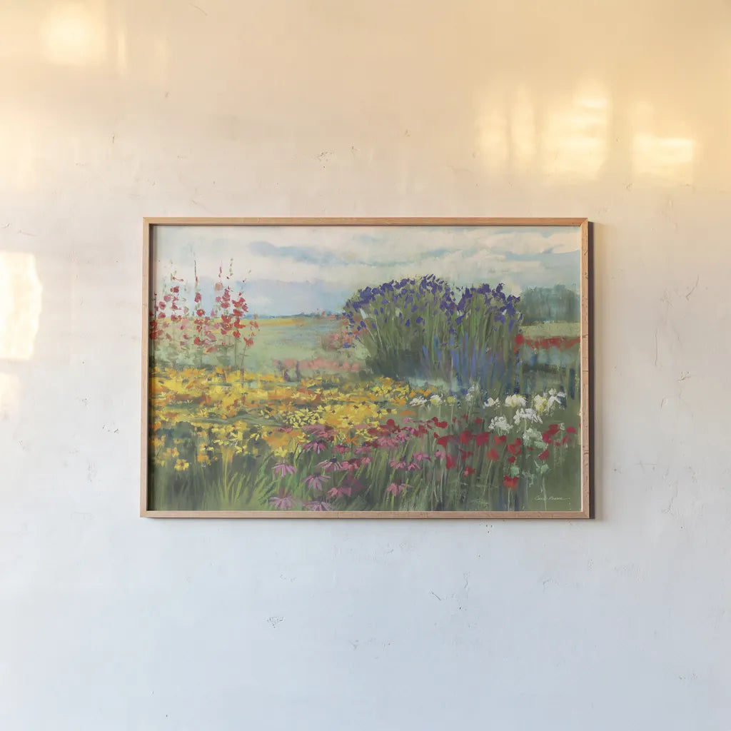 Garden Border by Carol Rowan. shown as a paper print in a natural frame. Available as a archival giclee rolled canvas, fine art paper, or poster print. SKU 42298i.