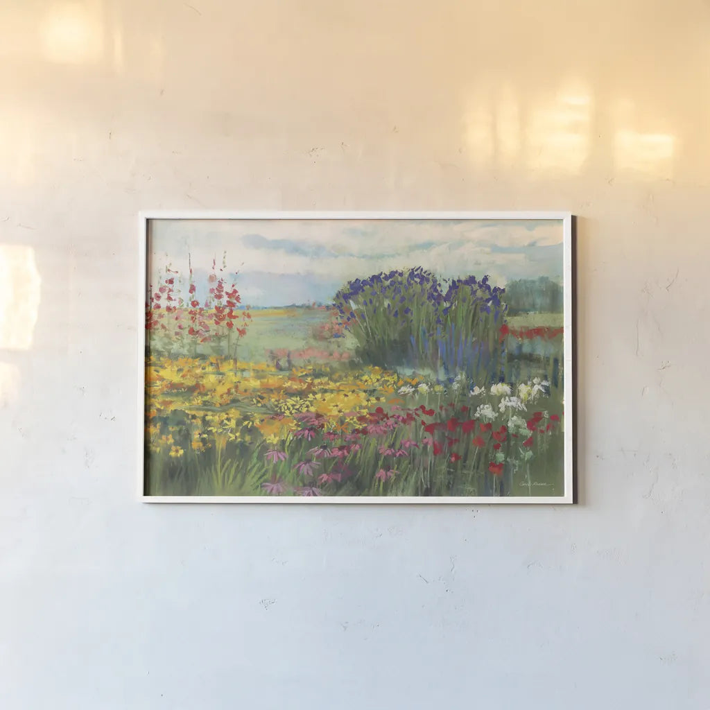 Garden Border by Carol Rowan. shown as a paper print in a white frame. Available as a archival giclee rolled canvas, fine art paper, or poster print. SKU 42298i.