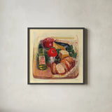 Garden Vegetables II by Carol Rowan. Shown in a sleek black glass frame for a contemporary gallery look. Available as an archival giclee rolled canvas, fine art paper, or poster print. SKU 99983a.