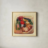 Garden Vegetables II by Carol Rowan. Shown in a natural wood glass frame for a timeless modern aesthetic. Available as an archival giclee rolled canvas, fine art paper, or poster print. SKU 99983a.