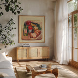Garden Vegetables II by Carol Rowan. Shown in a natural wood frame in a cozy modern living room. Available as an archival giclee rolled canvas, fine art paper, or poster print. SKU 99983a.