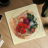 Garden Vegetables III by Carol Rowan. Shown as a detailed flat fine art print, highlighting archival giclee quality. Available as an archival giclee rolled canvas, fine art paper, or poster print. SKU 99984a.
