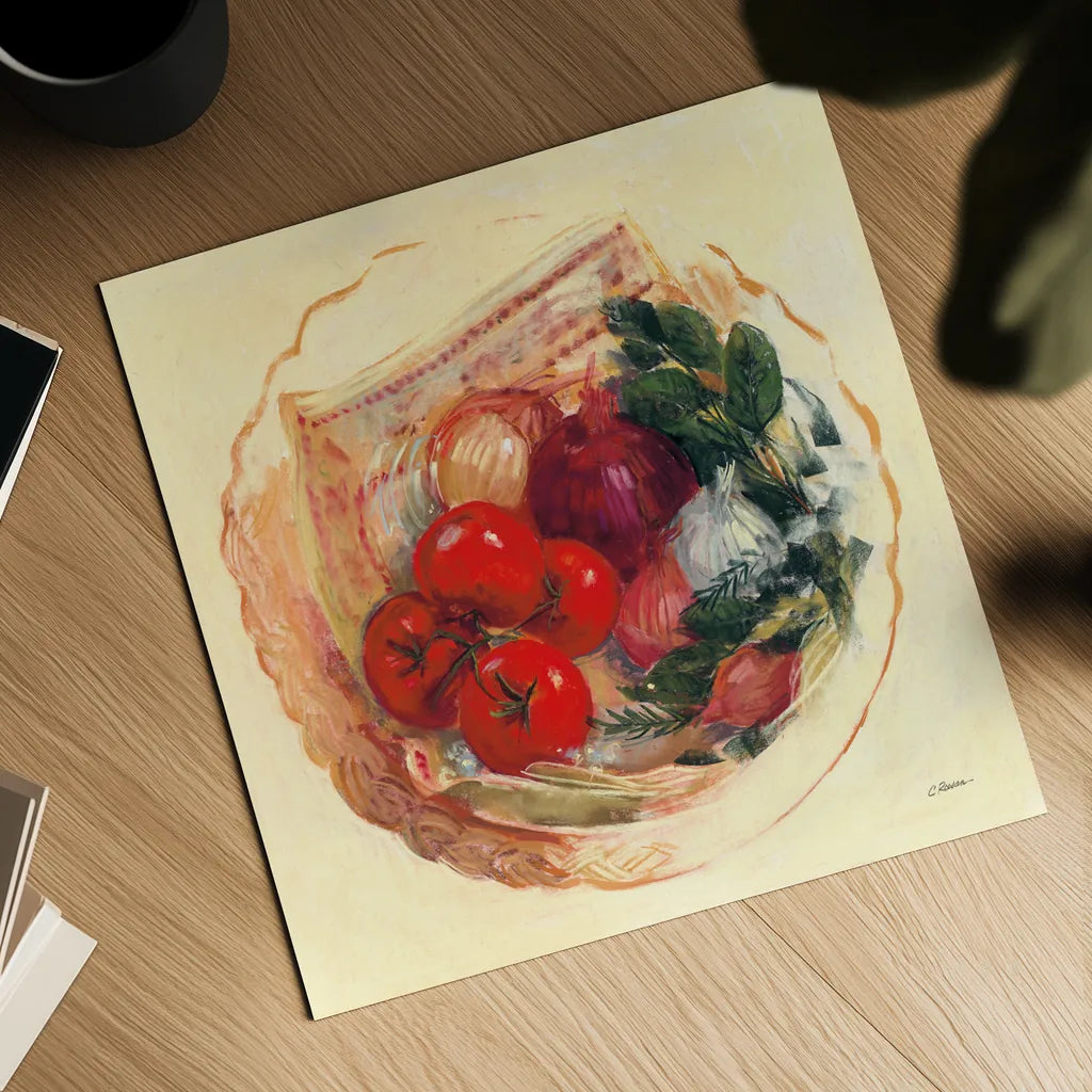 Garden Vegetables III by Carol Rowan. Shown as a detailed flat fine art print, highlighting archival giclee quality. Available as an archival giclee rolled canvas, fine art paper, or poster print. SKU 99984a.