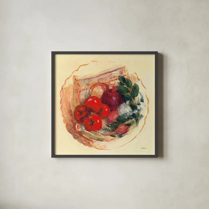 Garden Vegetables III by Carol Rowan. Shown in a sleek black glass frame for a contemporary gallery look. Available as an archival giclee rolled canvas, fine art paper, or poster print. SKU 99984a.