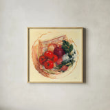 Garden Vegetables III by Carol Rowan. Shown in a natural wood glass frame for a timeless modern aesthetic. Available as an archival giclee rolled canvas, fine art paper, or poster print. SKU 99984a.