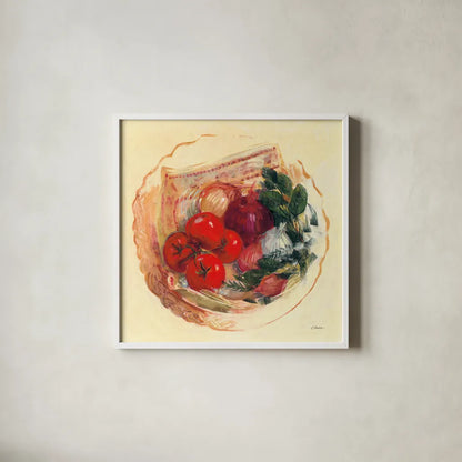 Garden Vegetables III by Carol Rowan. Shown in a crisp white glass frame for a clean and minimalist style. Available as an archival giclee rolled canvas, fine art paper, or poster print. SKU 99984a.