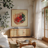 Garden Vegetables III by Carol Rowan. Shown in a natural wood frame in a cozy modern living room. Available as an archival giclee rolled canvas, fine art paper, or poster print. SKU 99984a.