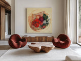 Garden Vegetables III by Carol Rowan. Shown as extra-large giant wall art in a modern living room. Available as an archival giclee rolled canvas, fine art paper, or poster print. SKU 99984a.